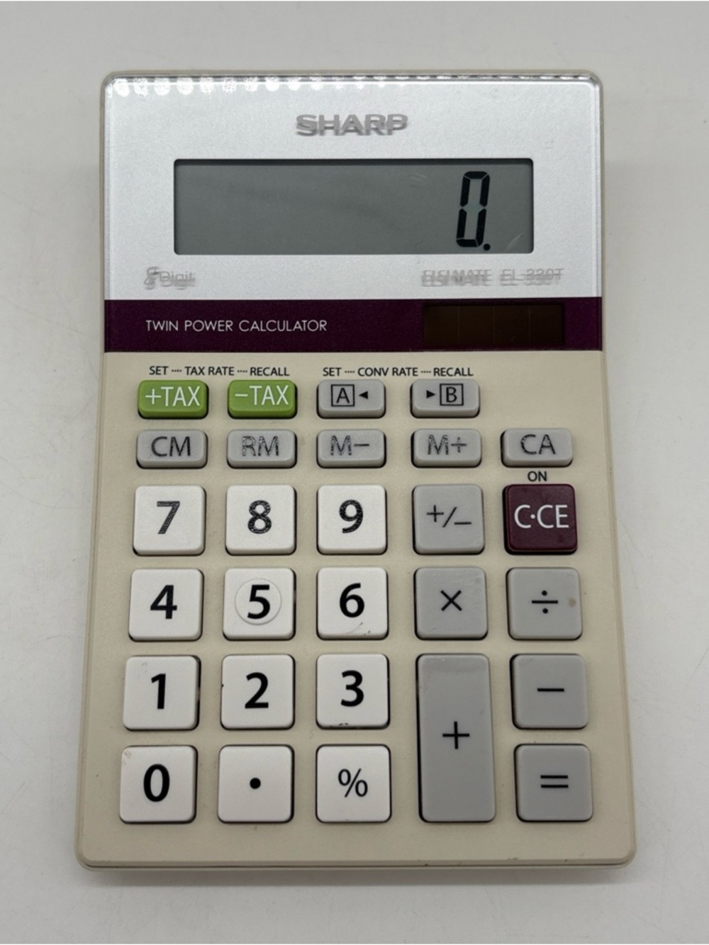 Sharp Elsi Mate EL-330T Desk Calculator 8-Digit Twin Power Solar Basic Tax Rate